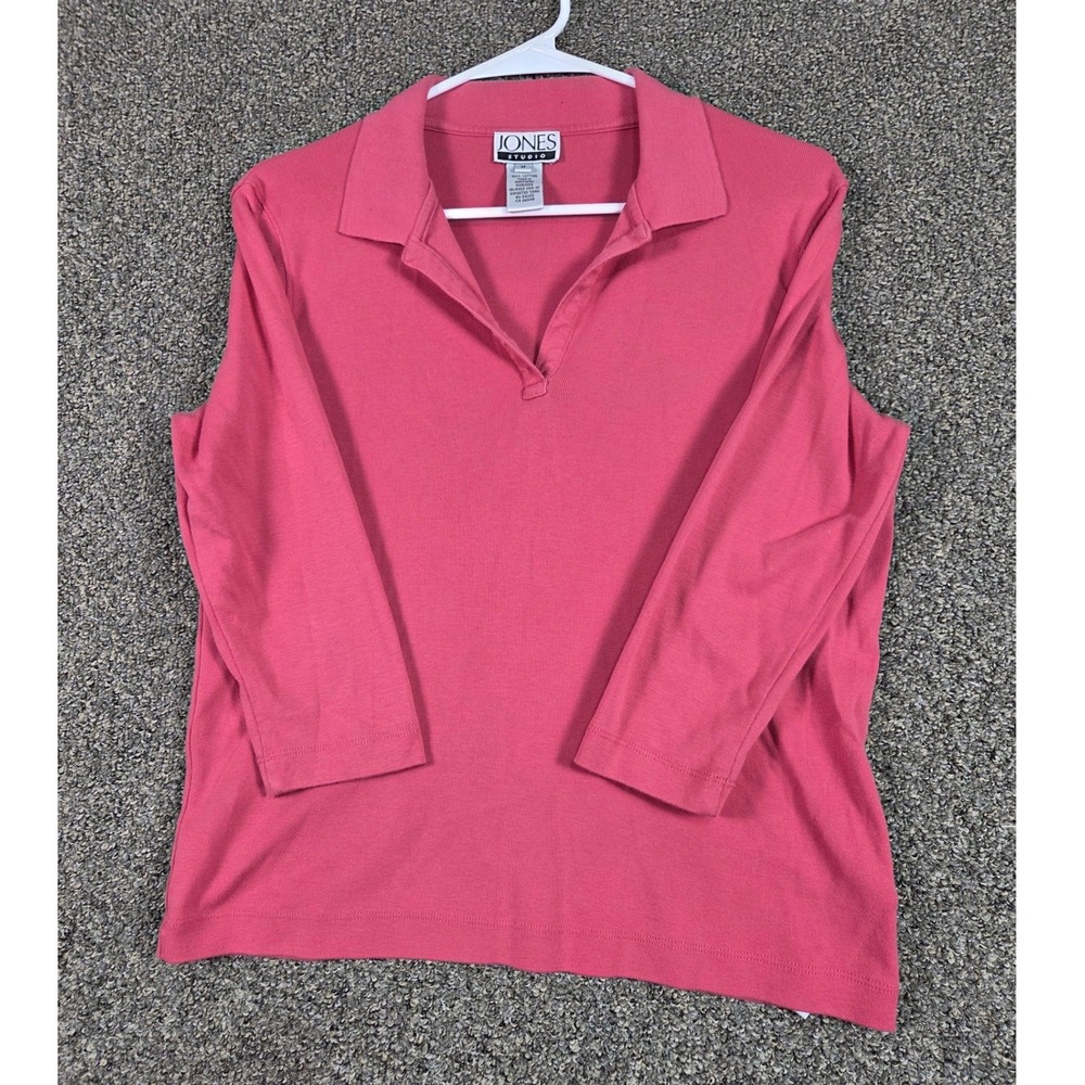 Jones Studio Polo Shirt Womens Medium Pink 3/4 Sleeve V-Neck Cotton Top
